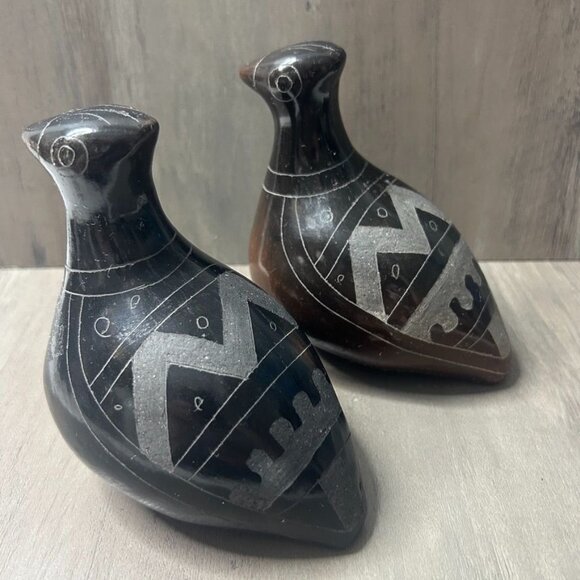 Vintage Handcrafted Tonala Black Pottery Doves Intricate Geometric Designs - Picture 2 of 6